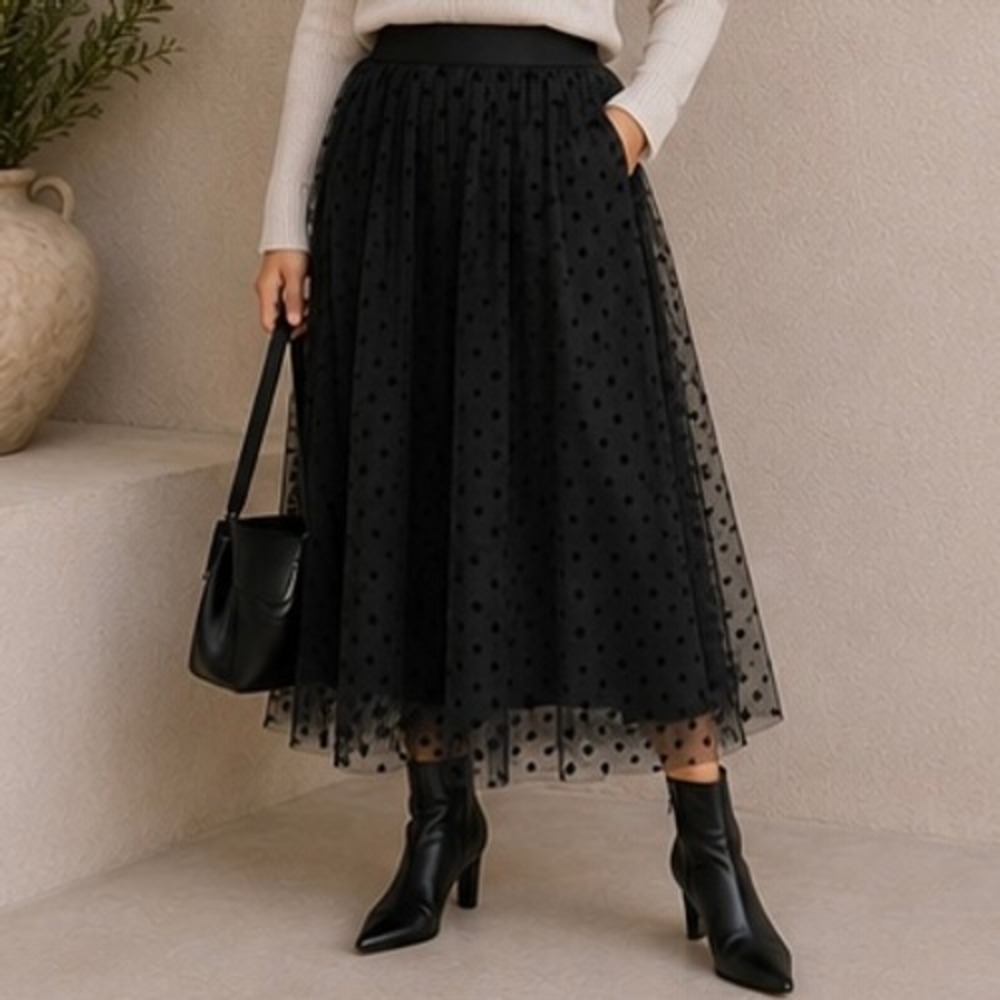 DR2 by Daniel Rainn Black Polka Dot Tulle Midi Skirt Elastic Waist L DR40609PWN